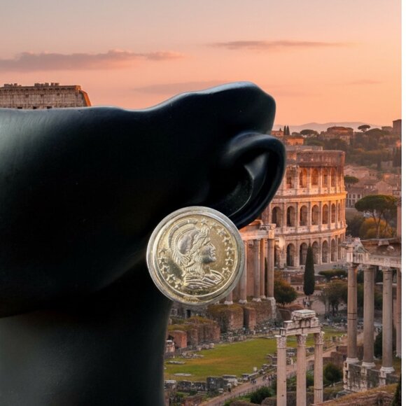 Vintage 80s/90s Gold Tone Metal Napoleon Coin Earrings 1.5 Inches Wide Plastic B - Picture 5 of 8